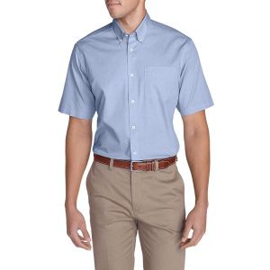 Рубашка Eddie Bauer Mens Wrinkle-Free Relaxed Fit Short-Sleeve Pinpoint Oxford Shirt CORNFLOWER